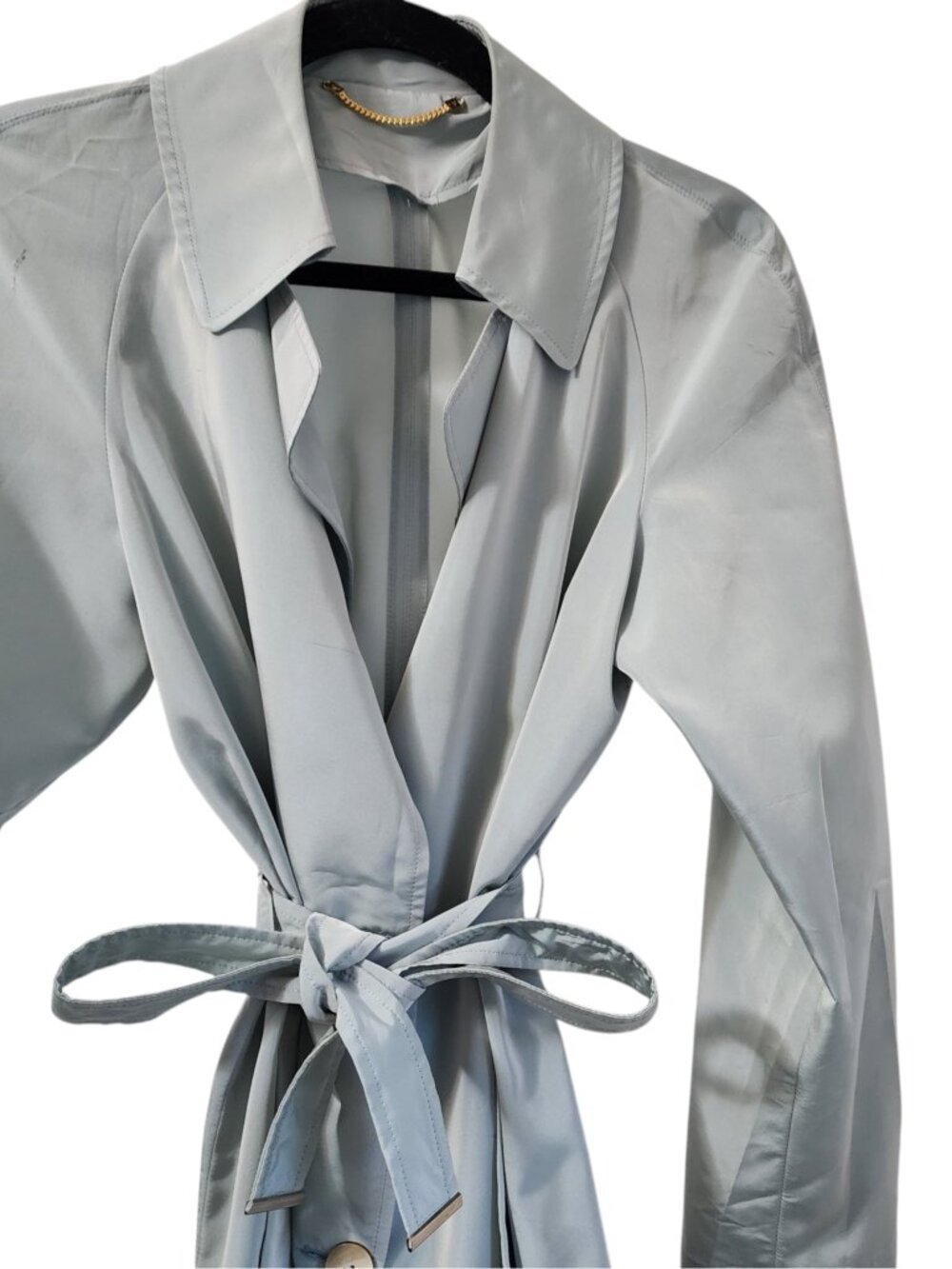 Vintage Silvery  Blue Satin Trench Coat Women's Lightweight Belted Duster Jacket